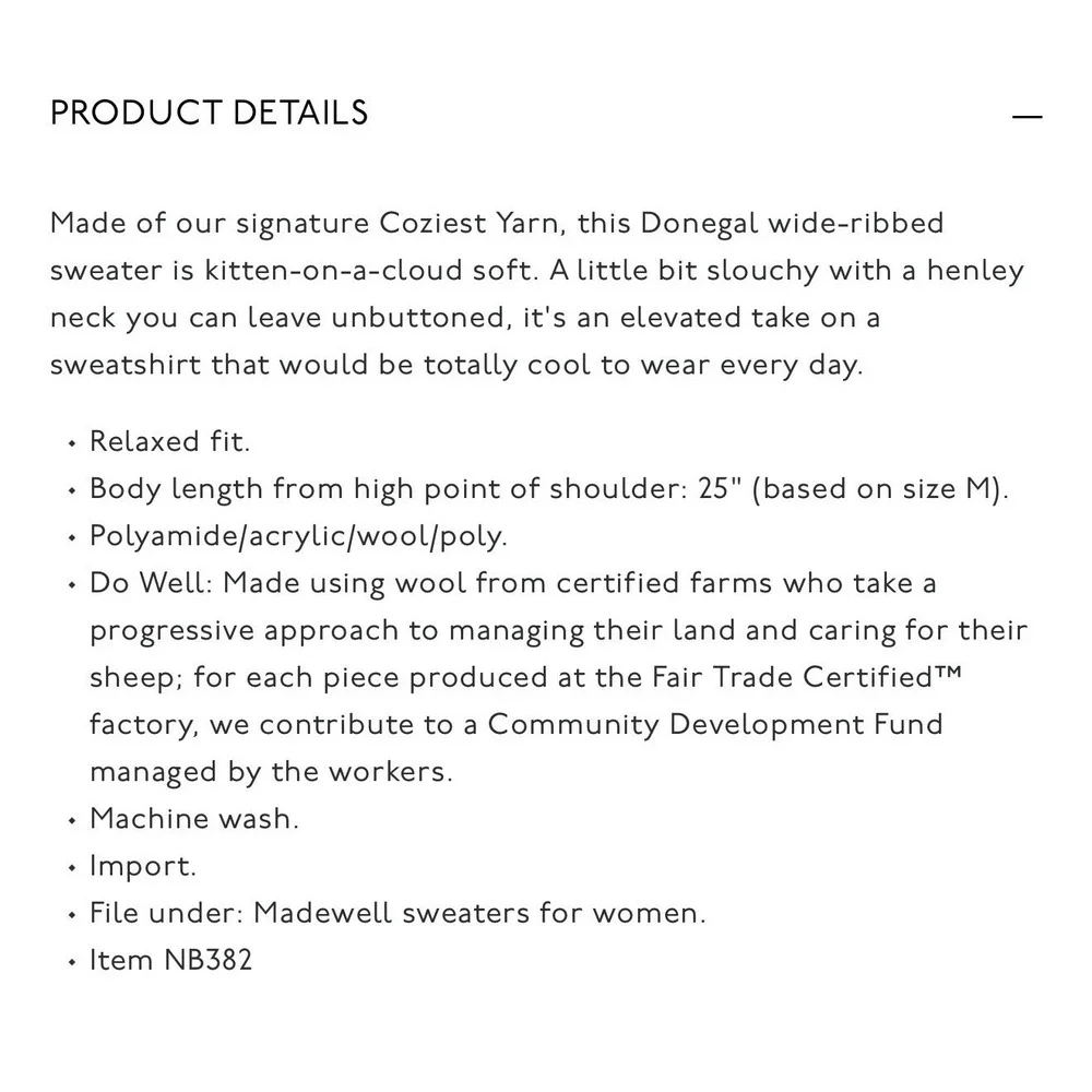 Madewell‎ Donegal Henley Sweater Women XXS Cream Ribbed Cozy Preppy Cabincore